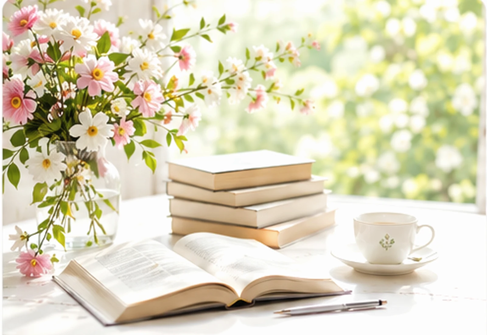 کتاب باز، گل‌های روشن و نور باغ در فضای آرام سلمان